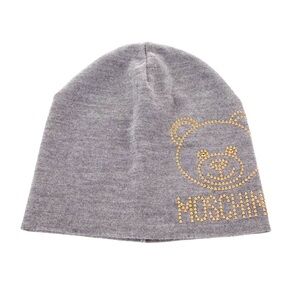 MOSCHINO Teddy Bear Studded 100% Wool Beanie Women’s One Size Light Gray NWT